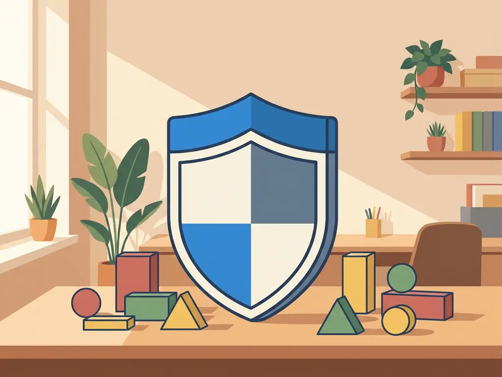 Microsoft Copilot-schild op modern bureau, omringd door symbolen van concurrerende AI-tools in platte vectorillustratiestijl.