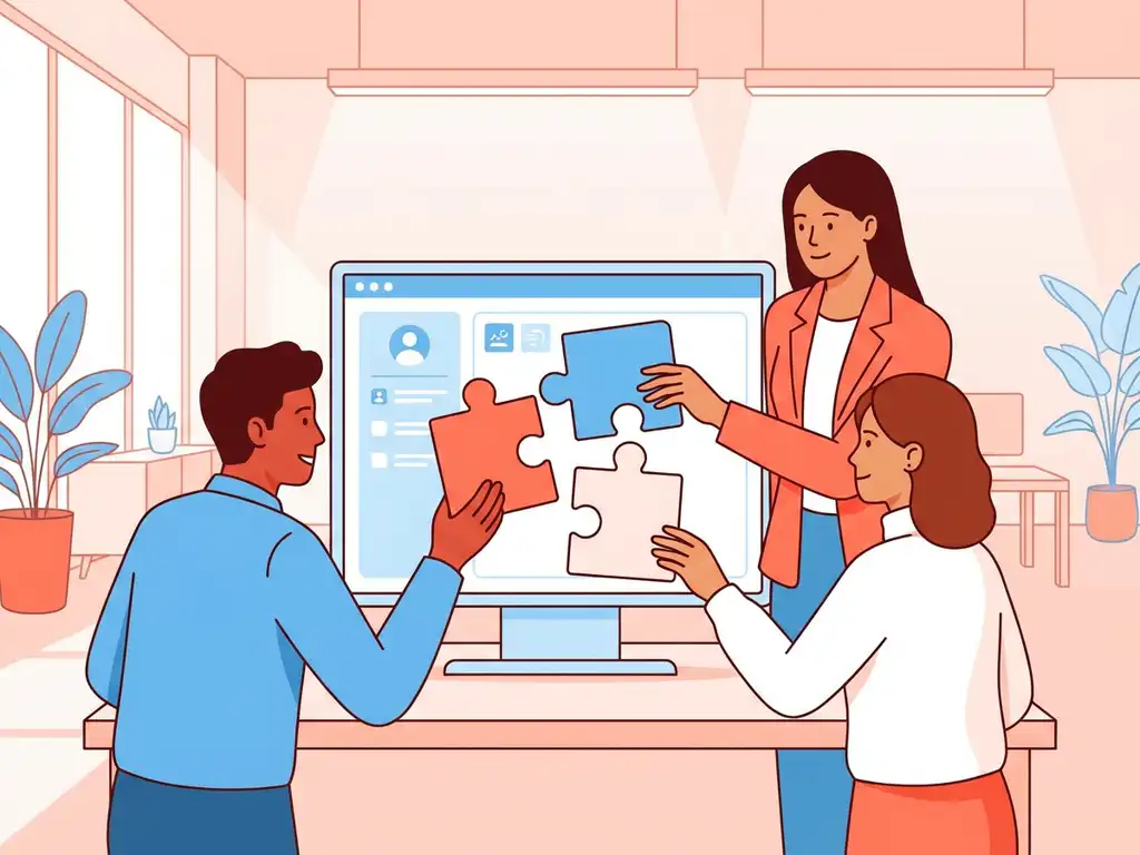 Drie collega's van IT, HR en een teamlid werken samen aan Microsoft Teams op een groot scherm in een modern Nederlands kantoor.