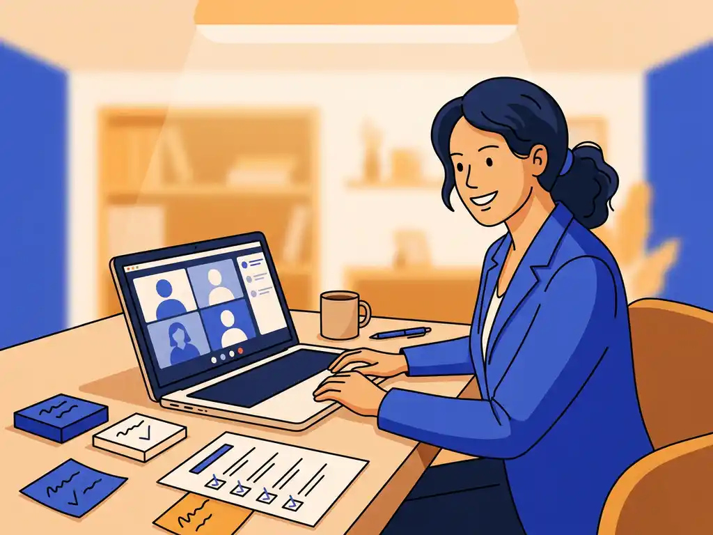 Vrouw werkt zelfverzekerd met Microsoft Teams op laptop aan modern bureau met plaknotities en taakoverzicht.