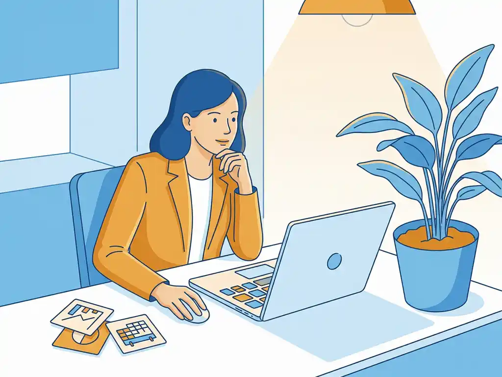 Vrouw aan modern bureau oefent Microsoft 365-vaardigheden op laptop, met taakopdrachtenkaarten en een groene plant op het bureau.