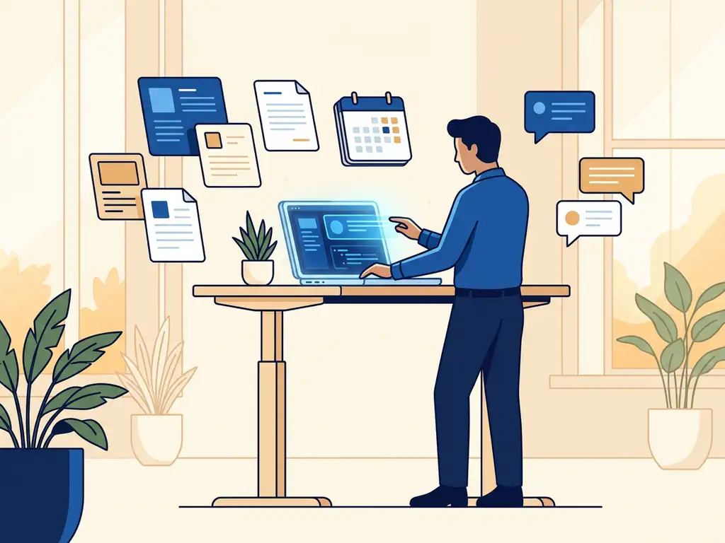 Professional aan een staand bureau met laptop, omringd door zwevende documenten, kalender en chatberichten in een licht kantoor met planten.
