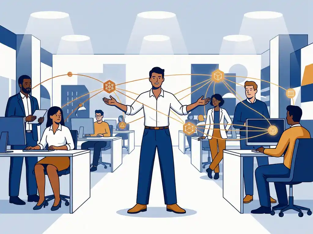 Persoon met open armen als centraal verbindingspunt in een digitaal netwerk van collega's op kantoor, vlakke vectorillustratie in blauw en amber.
