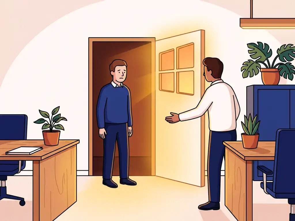Aarzelende kantoormedewerker bij een gloeiende deuropening, aangemoedigd door een collega, in een modern blauw-amber gekleurd kantoor.