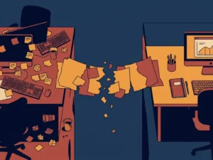 Verbrokkelde papierbrug tussen een rommelig bureau vol sticky notes en een georganiseerde, productieve werkplek, vectorillustratie in marineblauw en amber.