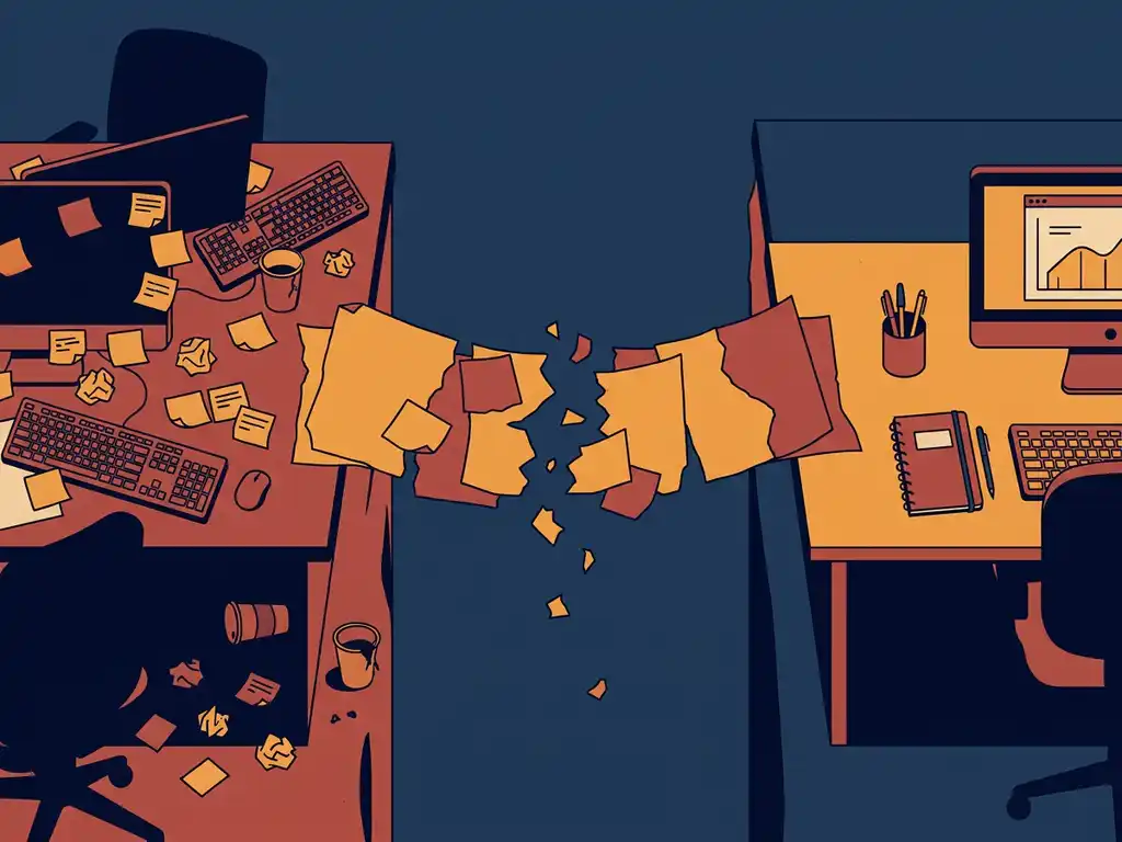 Verbrokkelde papierbrug tussen een rommelig bureau vol sticky notes en een georganiseerde, productieve werkplek, vectorillustratie in marineblauw en amber.