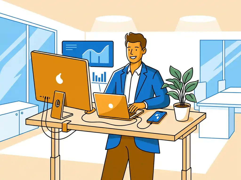 Vrolijke professional aan een staand bureau werkt tegelijk op monitor, laptop en smartphone in modern Nederlands kantoor met groene plant.
