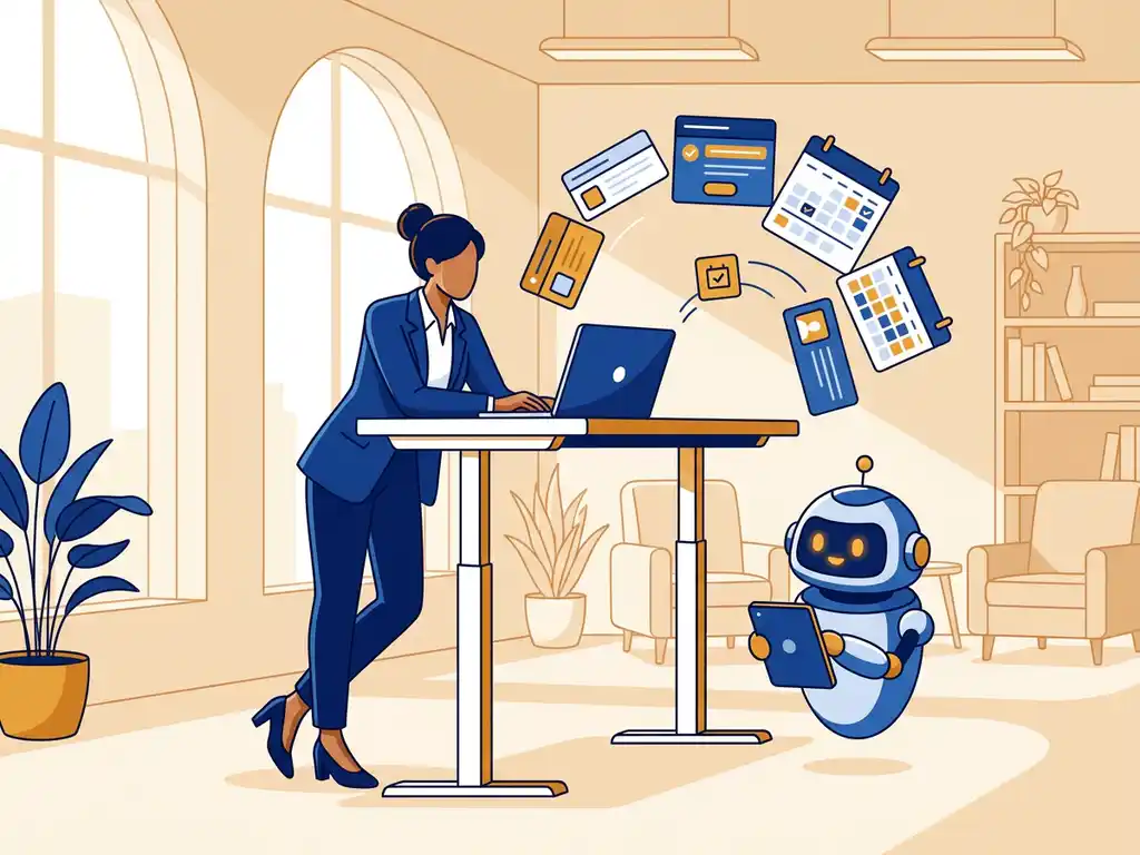 Professional aan staand bureau met laptop, zwevende taakkaarten en kalenderblokken, kleine robotassistent, kantoor met grote ramen.