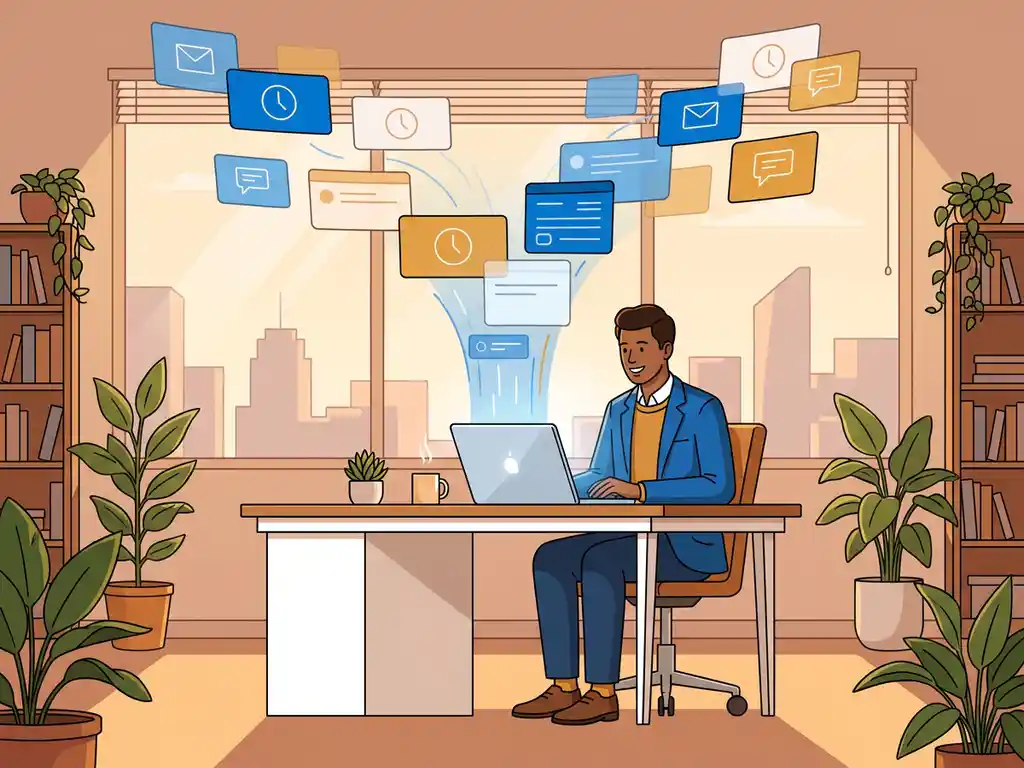 Professional aan modern bureau met laptop, omgeven door zwevende taakkaarten voor e-mails, agenda en vergadernotities in georganiseerde flow.