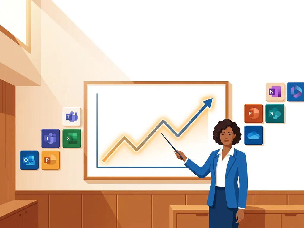 Professional presenteert stijgende grafiek naast Microsoft 365-app iconen als trapvormige tegels in modern Nederlands kantoor.