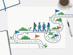 Geïllustreerde routekaart op een bureau met mijlpaalvlaggen in blauw en oranje, een team van gestileerde figuren dat samen het pad bewandelt.