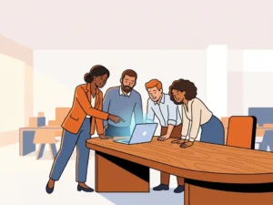 Diverse medewerkers rond een bureau, één collega wijst enthousiast naar een laptop in een modern open kantoor.