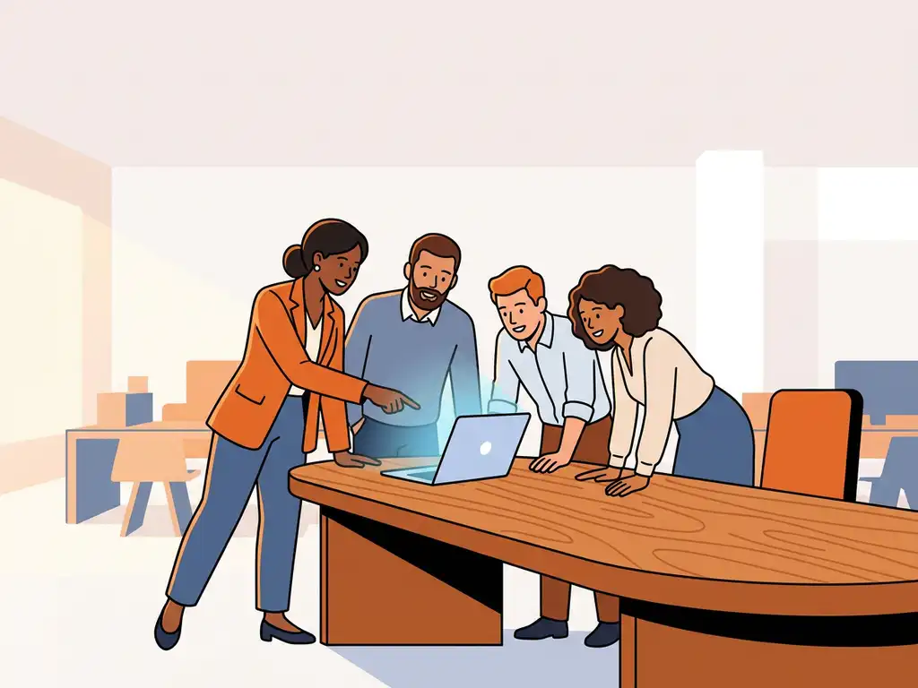 Diverse medewerkers rond een bureau, één collega wijst enthousiast naar een laptop in een modern open kantoor.