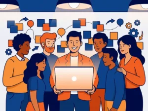 Diverse medewerkers rond een laptop in een warm kantoor, terwijl een collega het team begeleidt langs digitale mijlpalen.