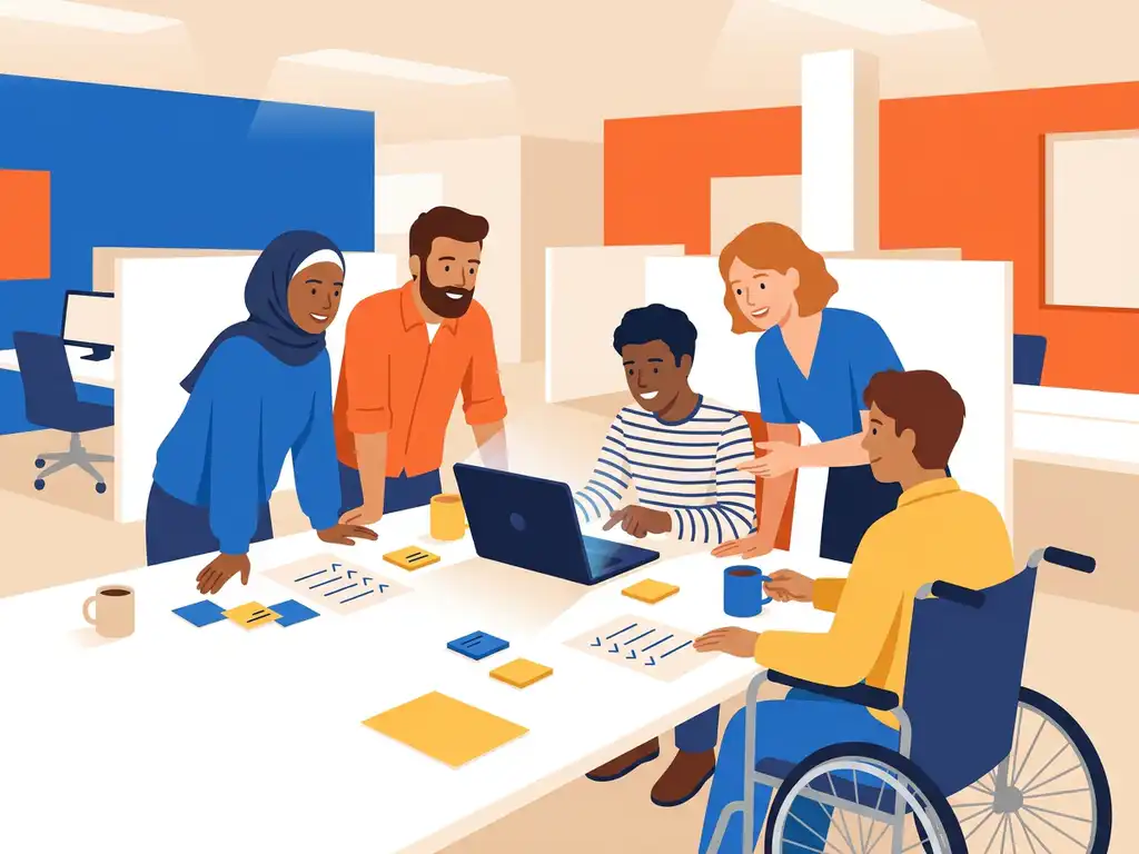Diverse collega's rond een bureau, één persoon werkt zelfverzekerd op laptop, sticky notes en checklists verspreid in moderne open kantoorruimte.