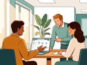 Professionele begeleider toont Microsoft 365 aan collega's rond laptop in licht modern Nederlands kantoor.