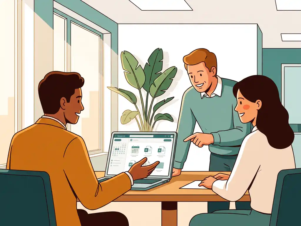 Professionele begeleider toont Microsoft 365 aan collega's rond laptop in licht modern Nederlands kantoor.