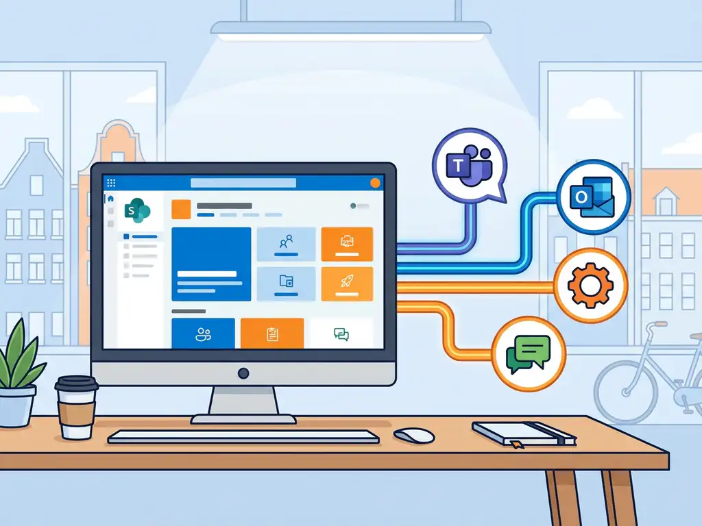 SharePoint intranetportaal op desktopmonitor naast verbonden Microsoft Teams- en Outlook-app-iconen op een modern kantoorbureau.