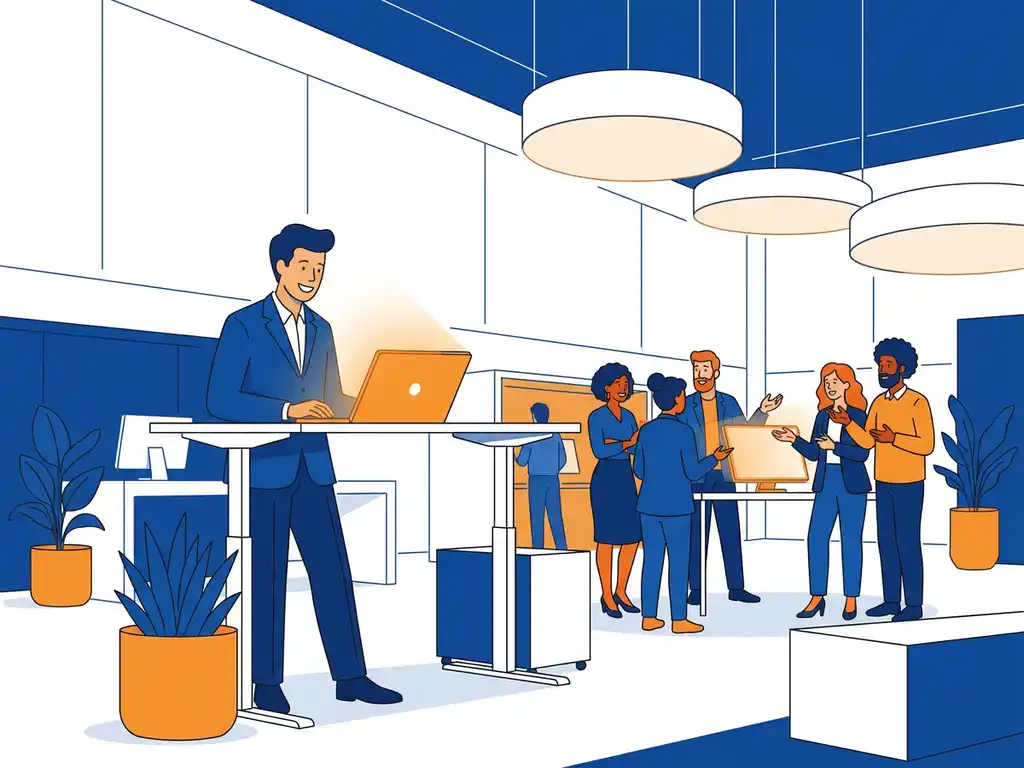 Zelfverzekerde medewerker op staand bureau met laptop, omringd door samenwerkende collega's in modern open kantoor.