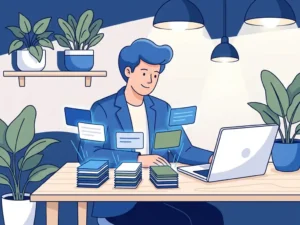 Professional aan modern bureau organiseert gloeiende taakkaarten in overzichtelijke stapels, laptop en kantoorplanten op de achtergrond, vlakke vectorillustratie.