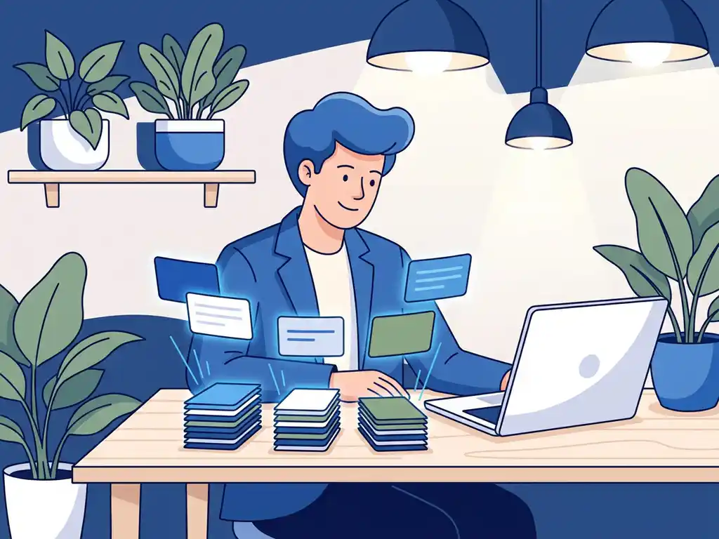 Professional aan modern bureau organiseert gloeiende taakkaarten in overzichtelijke stapels, laptop en kantoorplanten op de achtergrond, vlakke vectorillustratie.