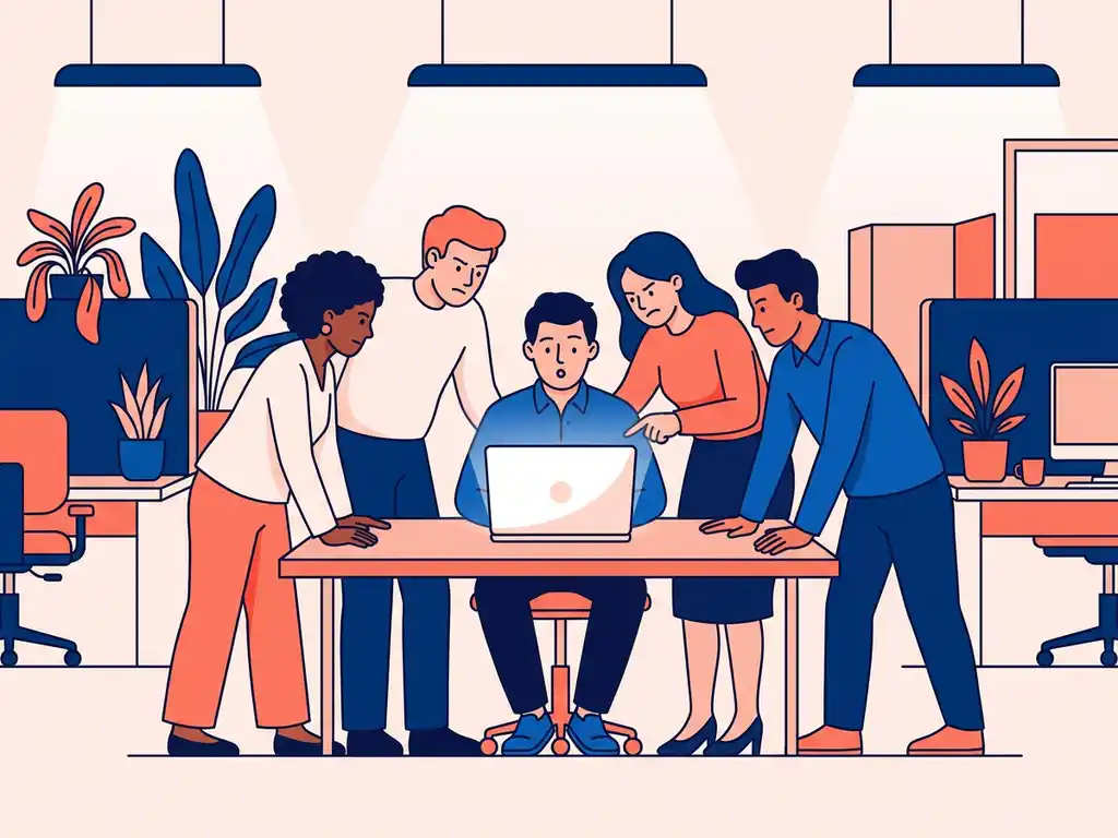 Collega's die nieuwsgierig rond een laptop samenkomen in een moderne open kantoorruimte, flat illustration in blauw en koraal.