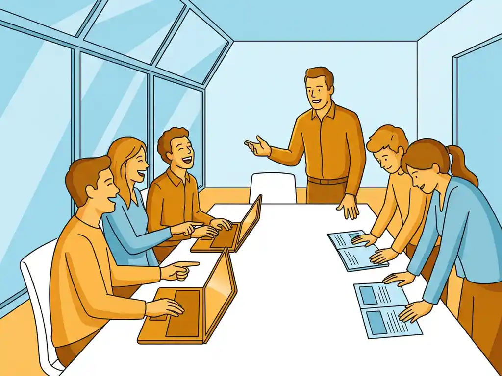 Trainer begeleidt gemengde groep medewerkers aan moderne vergadertafel, met laptops en trainingshandleidingen, in lichte kantooromgeving.