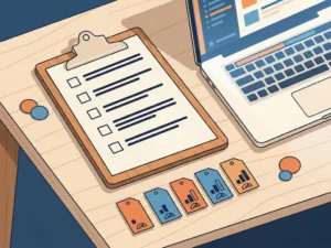 Klembord met beoordelingschecklist naast laptop op bureau, omringd door vaardigheidsindicatoren als papieren labels in oranje en blauwe tinten.