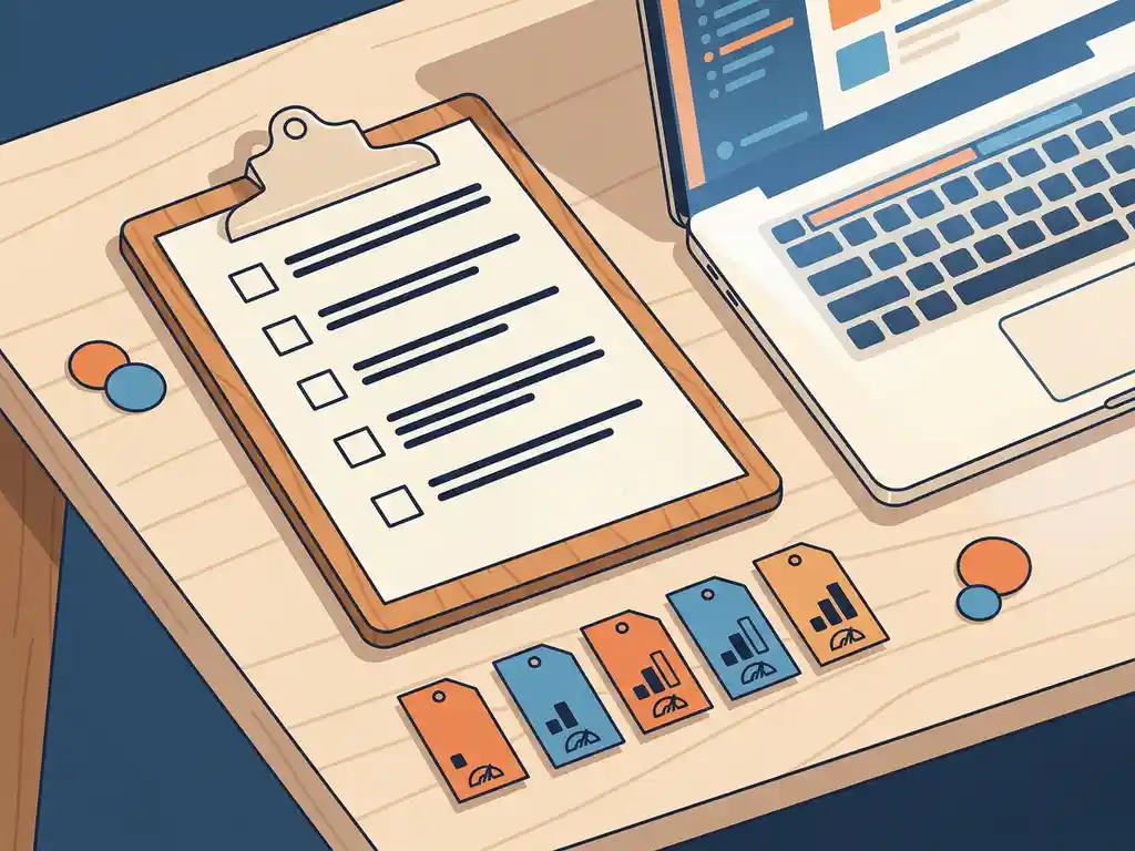 Klembord met beoordelingschecklist naast laptop op bureau, omringd door vaardigheidsindicatoren als papieren labels in oranje en blauwe tinten.