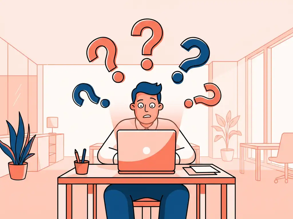 Verwarde kantoormedewerker staart naar laptop omringd door vraagtekenillustraties in modern Nederlands kantoor.