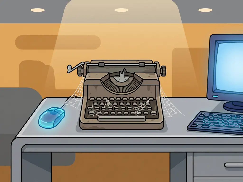 Stoffige vintage typemachine op modern bureau, omringd door draadloze randapparatuur, met spinnenwebben over de toetsen.