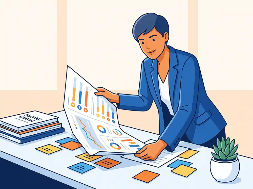 Professional die een kleurrijk voortgangsdashboard bestudeert aan een modern bureau met sticky notes, trainingsmateriaal en een kleine plant.