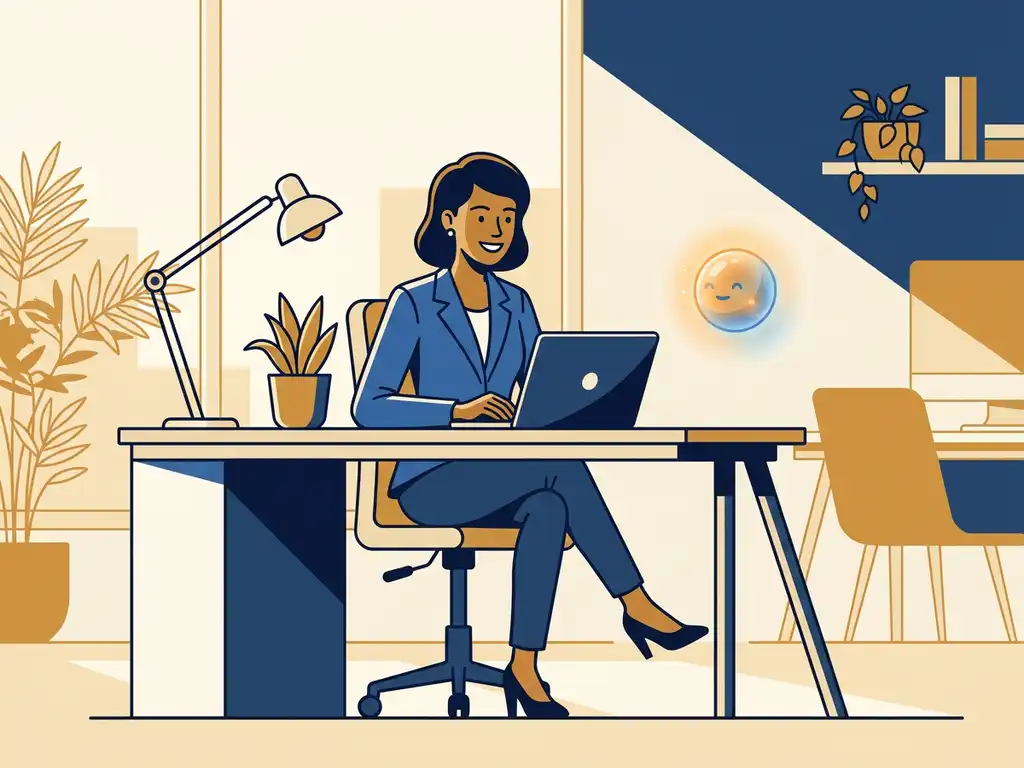 Vrouw achter modern bureau werkt met laptop terwijl een gloeiende AI-assistent naast haar zweeft in een warm kantoor.