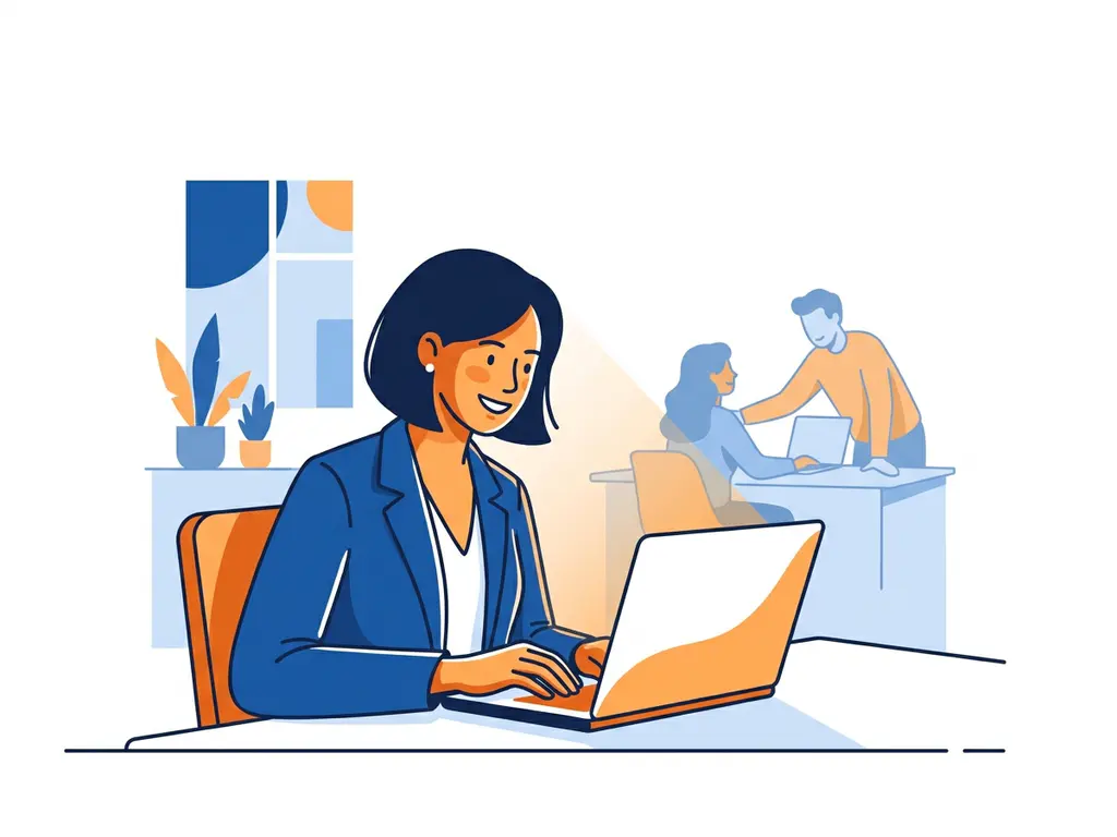 Vrouw werkt zelfverzekerd op laptop aan modern bureau, collega's overleggen op de achtergrond, vlakke illustratiestijl in blauw en oranje.