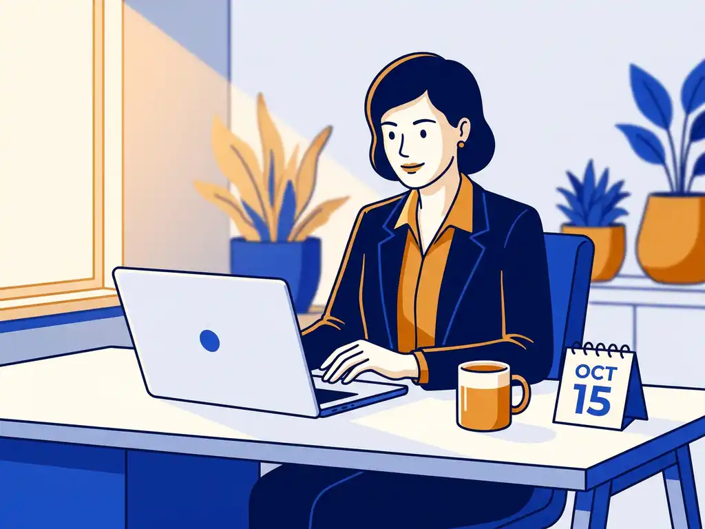 Vrouw werkt aan laptop op modern kantoor met kalender en koffiekop, stijlvolle vectorillustratie in kobaltblauw en warm amber.