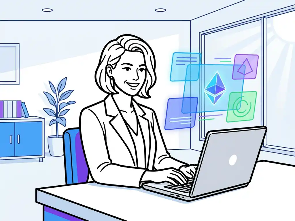 Medewerker aan modern bureau typt AI-prompt op laptop, omringd door zachte geometrische vormen in blauw en violet.