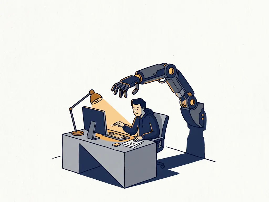 Kantoormedewerker aan modern bureau terwijl mechanische AI-robotarm dreigend overheen hangt, vectorillustratie in marineblauw en amber.