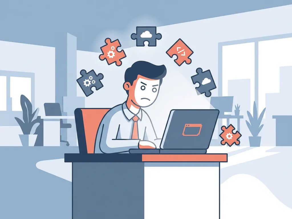 Gefrustreerde kantoormedewerker voor laptop, omringd door zwevende puzzelstukjes die ontbrekende digitale vaardigheden symboliseren.