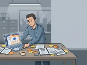 Gefrustreerde kantoormedewerker die laptop met Teams wegduwt, omringd door sticky notes en genegeerde trainingsmaterialen op bureau.