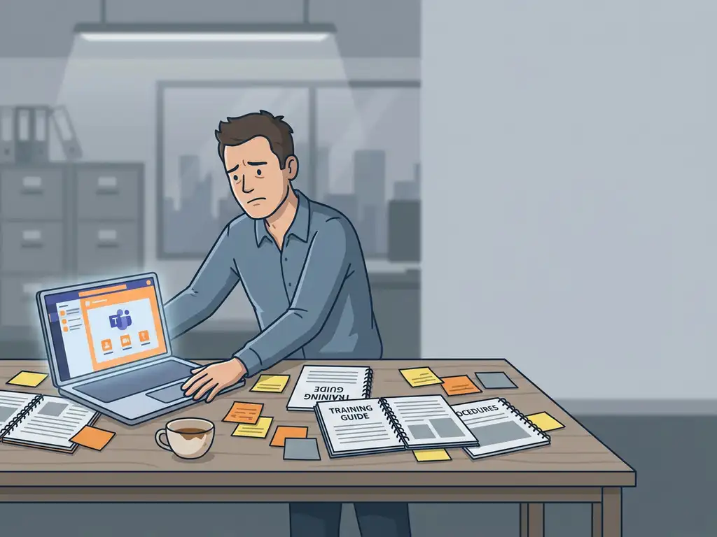 Gefrustreerde kantoormedewerker die laptop met Teams wegduwt, omringd door sticky notes en genegeerde trainingsmaterialen op bureau.