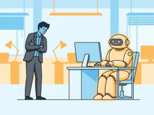 Aarzelende kantoormedewerker tegenover vriendelijke gloeiende robot aan bureau, vectorillustratie in amber en blauw tinten.