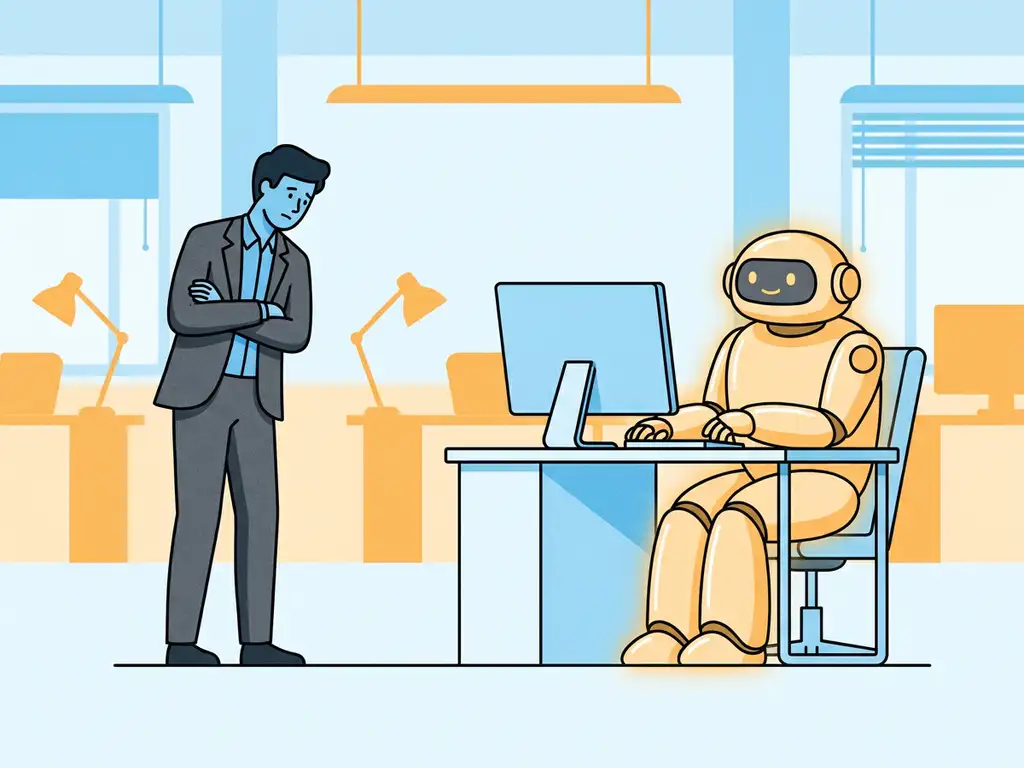 Aarzelende kantoormedewerker tegenover vriendelijke gloeiende robot aan bureau, vectorillustratie in amber en blauw tinten.