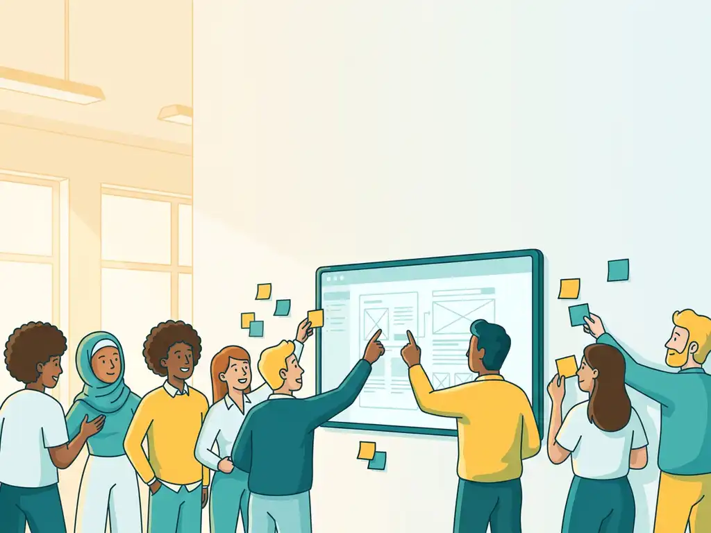 Diverse medewerkers in een modern kantoor die samen sticky notes toevoegen aan een digitale workspace op de muur.