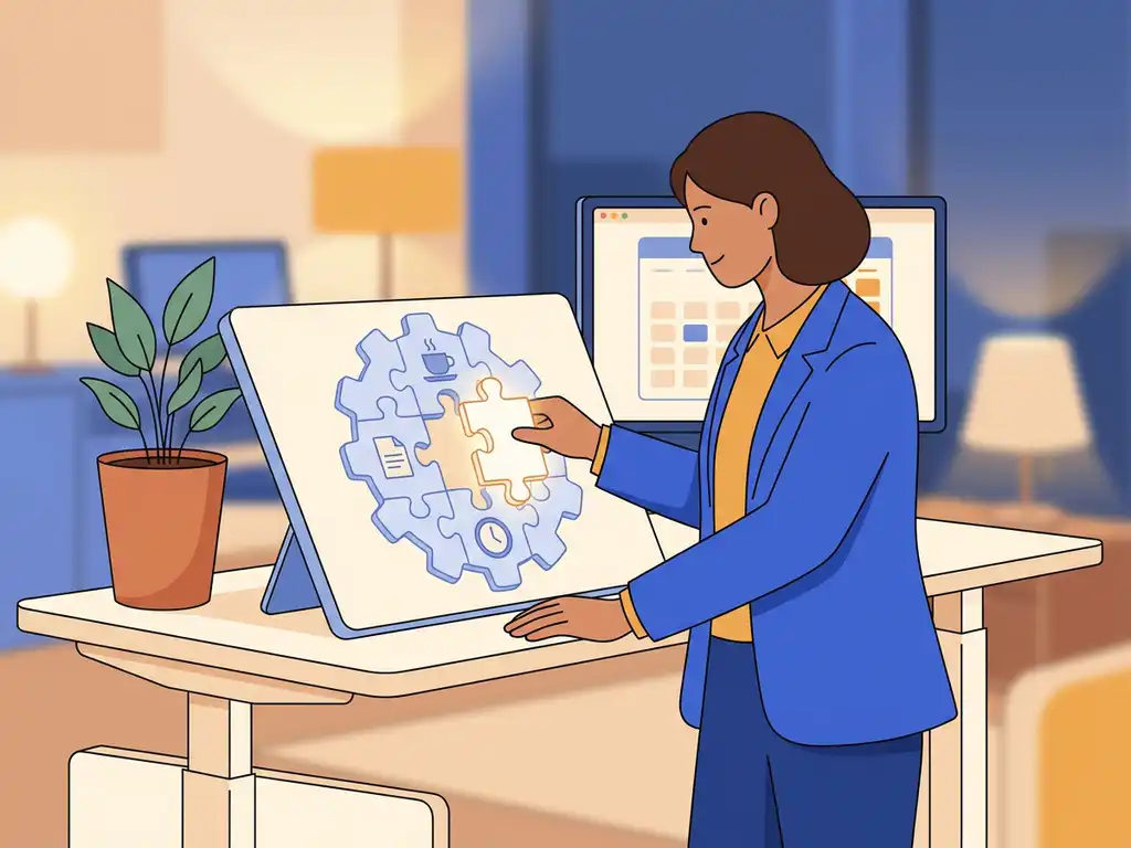 Professional aan staand bureau plaatst gloeiend puzzelstuk in workflow-bord, kantoor met planten en monitor op de achtergrond.