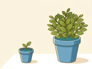 Kleine zaailing in mini-pot naast weelderige plant in grote pot, beide in blauwe aarde op wit bureau, symboliseert kortetermijn versus duurzame groei.