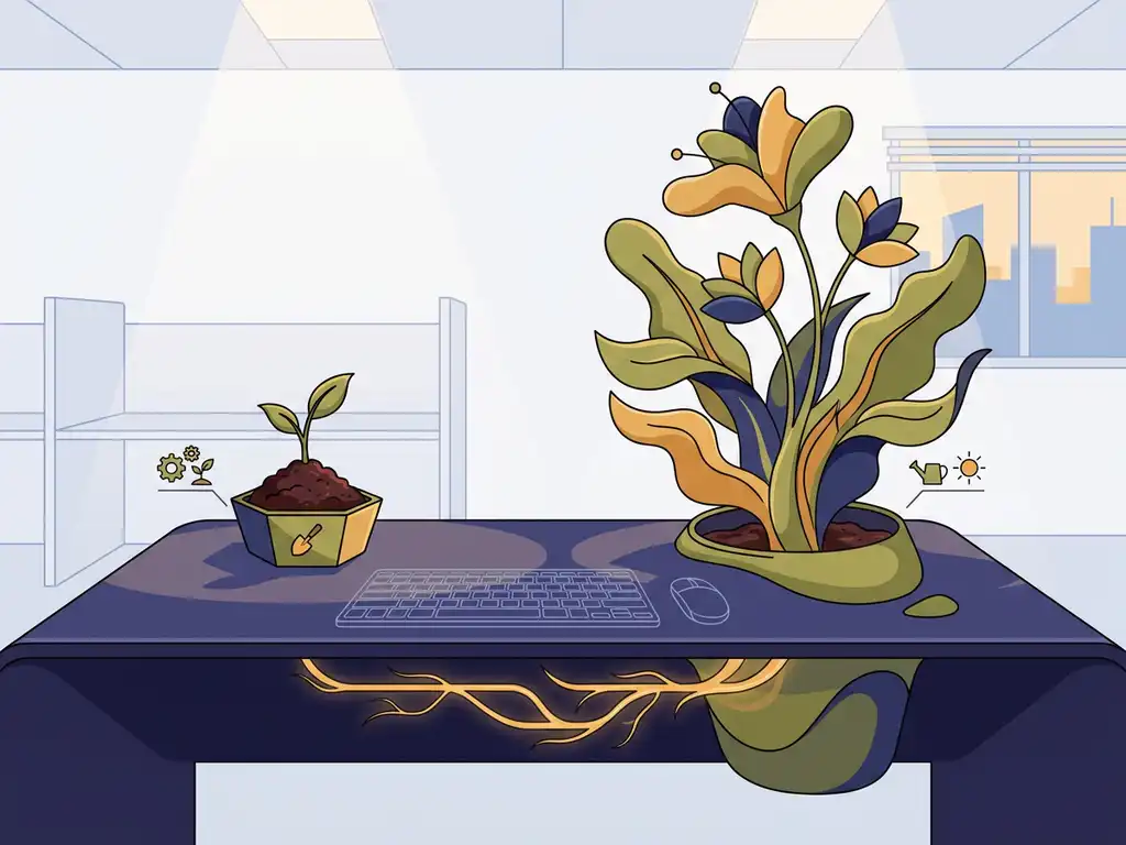 Kleine zaailing naast een weelderige volwassen plant op een modern bureau, symbool voor groei en implementatie.