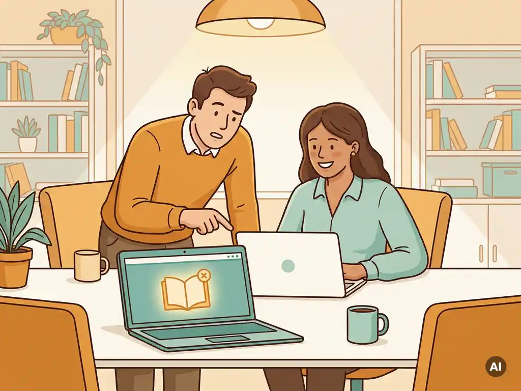 Collega's aan een gedeeld bureau, één leunt nieuwsgierig naar de ander, laptop open met digitale handleiding op het scherm.