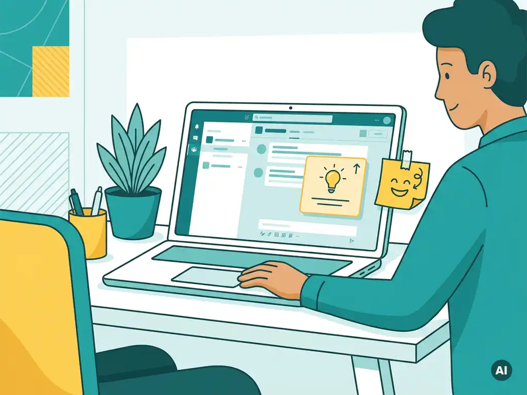 Kantoormedewerker aan modern bureau ontvangt digitale coachingprompt via laptop met Microsoft Teams, sticky note met tooltip-stijl element erbij.