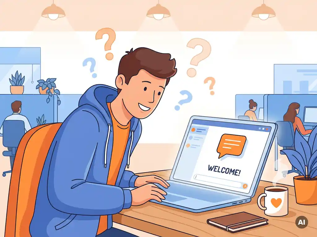 Kantoormedewerker leunt naar laptop met chatinterface, omgeven door vraagteikens, koffiemok en notitieboek in moderne open werkruimte.