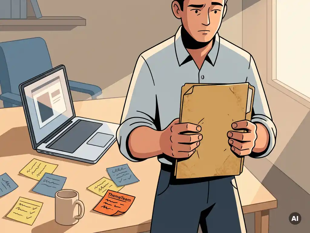 Kantoormedewerker houdt versleten papieren map vast aan modern bureau met laptop, sticky notes en handgeschreven checklists.
