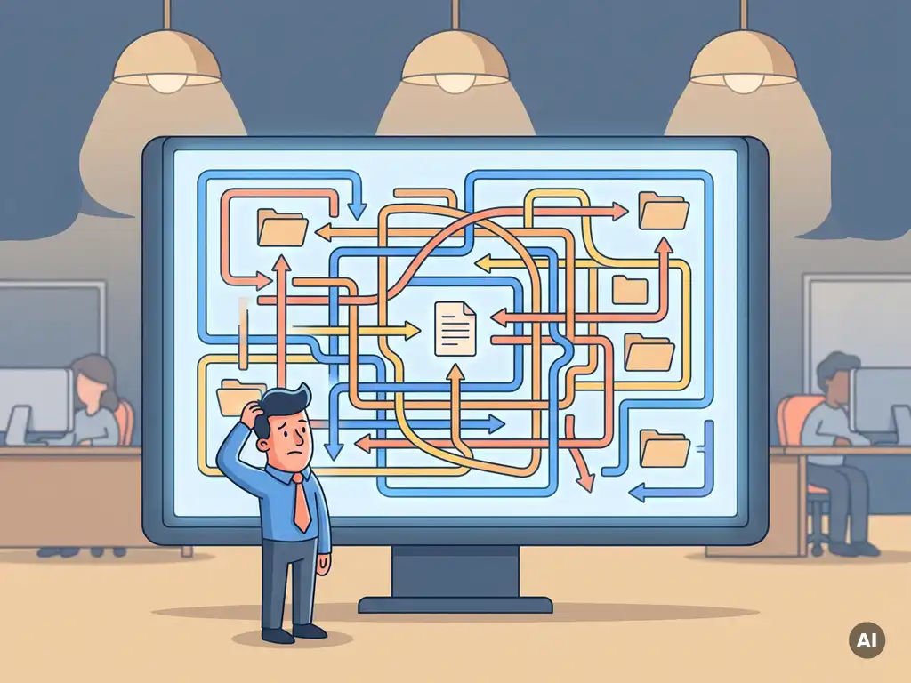 Verwarring office worker omringd door een doolhof van digitale mappaden en verwarde navigatieroutes op een gloeiend scherm.